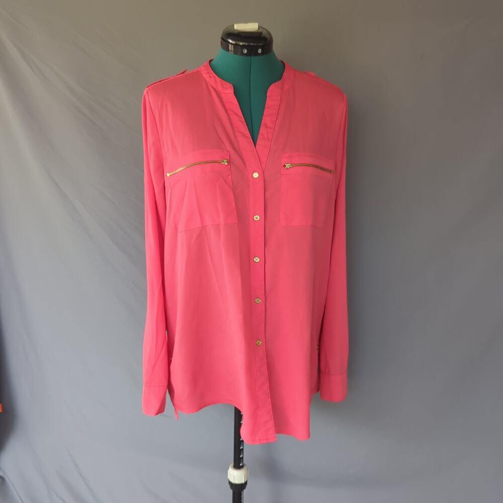 Calvin Klein Pink Utility Zip Pocket Roll Tab Button Front Blouse